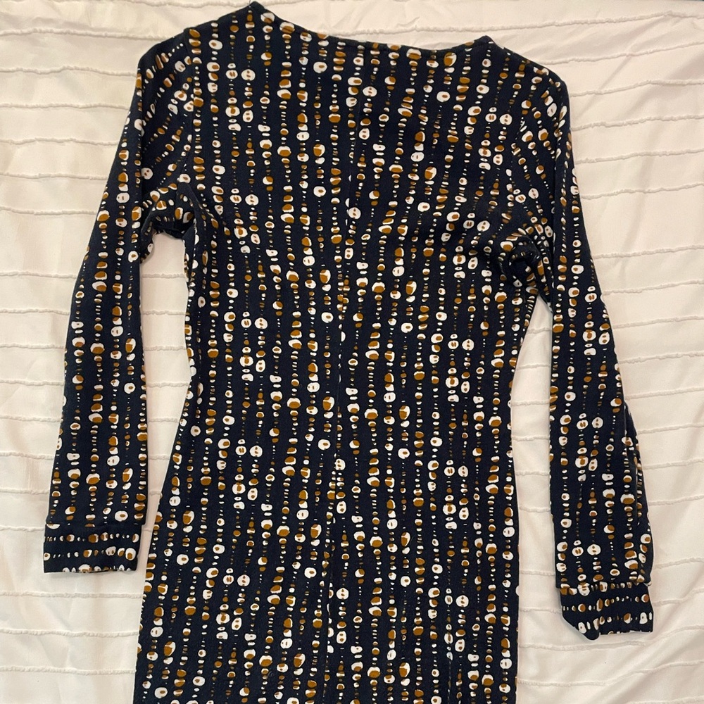 Surkana Dress, XS Navy, brown dot. Perfect for petites at work.